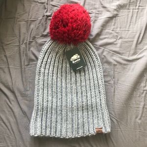Roots Grey Oversized Beanie/Toque with Red Pompom